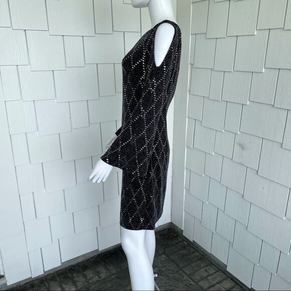 Jessica Howard Women's Black Sequin Diamond Pattern Cold Shoulder Dress sz 8 - Picture 4 of 8